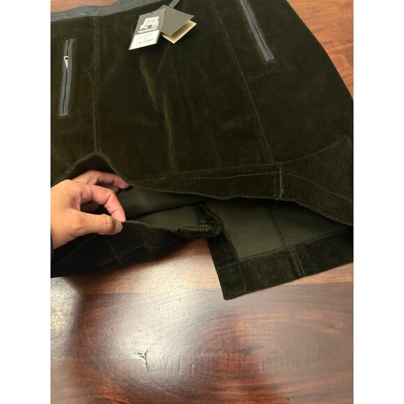 NWT Burberry Dark Khaki green corduroy / leather Straight skirt size 14 US - Picture 8 of 10